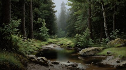 A lush green forest with towering trees, light filtering through the dense canopy, and vibrant undergrowth.