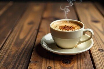 Aromatic Steam Rising From a Cup of Coffee on Rustic Wooden Surface