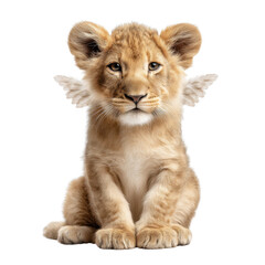 Obraz premium A tiny lion cub with angel wings sits sweetly isolated on a white background looking at the camera today.