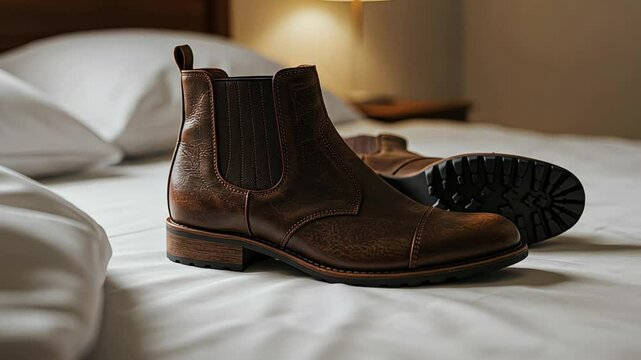 Rustic Traveler Boots - Brown boots on white bedding in soft light
