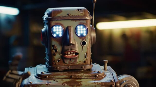 Unique vintage robot animatronic showcasing its features in a workshop setting