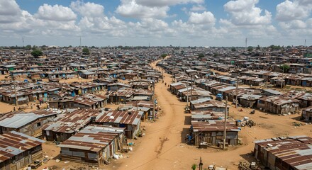 Fototapeta premium AI image providing an aerial perspective of a vast, densely populated slum or shantytown under a blue sky with clouds.