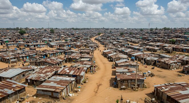 AI image providing an aerial perspective of a vast, densely populated slum or shantytown under a blue sky with clouds.