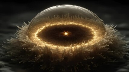 Glowing orb suspended in shifting filaments - Powered by Adobe