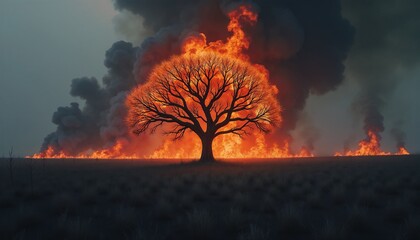 Burned tree in blackened field with post-apocalyptic mood