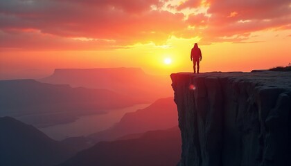 Lone figure on cliff edge at sunset with vast landscape view