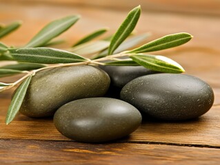 Fototapeta premium Dark, ripe olives with vibrant green leaves rest on rustic wood, evoking Mediterranean flavors and natural freshness