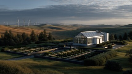 Fototapeta premium A modern farm landscape with clean lines and geometric gardens, a greenhouse filled with plants, and solar panels.