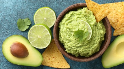 Delicious guacamole with tortilla chips, avocado, and lime on a blue background