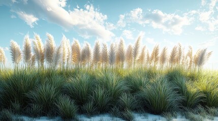 Grassy landscape with pampas grass under a bright, partly cloudy sky