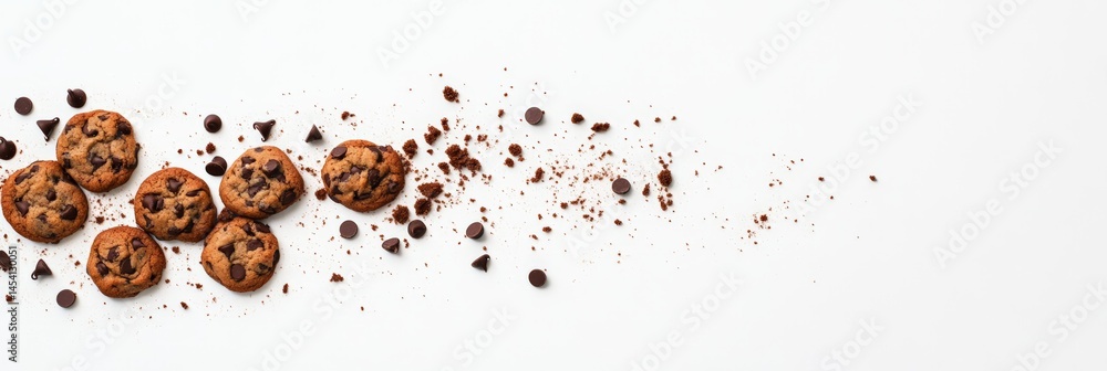 Poster delicious chocolate chip cookies are crumbling on a pristine white background, creating a visually a