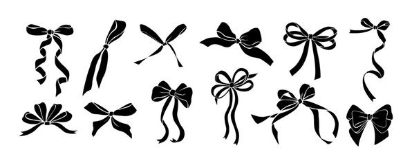 Black Monochrome decorative ribbon bows set. Holiday sign collection. Ribbon symbol, accessory logo, cut files. Vector outline illustrations isolated on transparent background.
