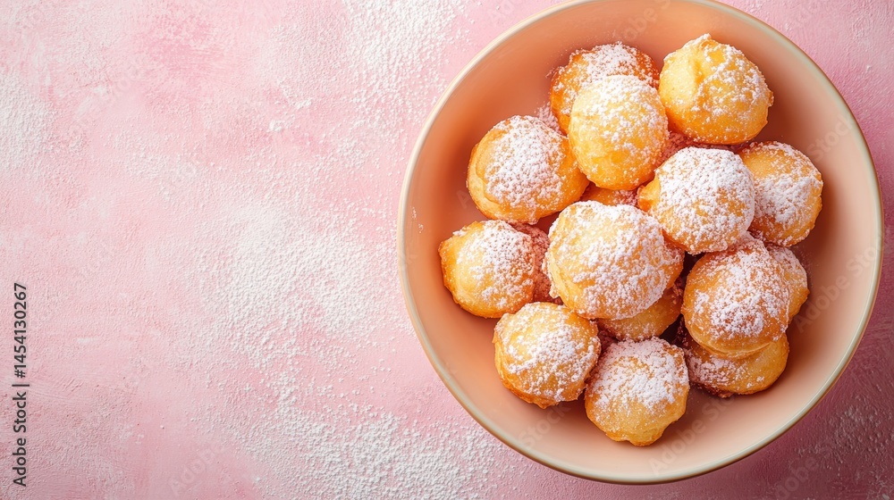 Poster scrumptious zeppole pastries on colorful background with space for text