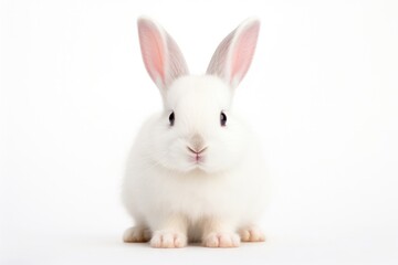 Obraz premium Charming white rabbit with a tiny pink nose and fluffy tail resting peacefully with its paws tucked under its body