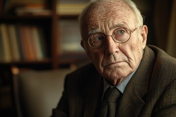 A pensive elderly gentleman with glasses, thoughtfully gazing off into the distance, sits in a study.