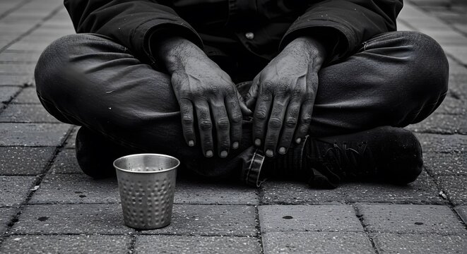 AI image in black and white, focusing on the weathered hands and crossed legs of a person sitting pavement, begging cup nearby.