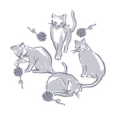 Hand drawn illustration of four cats playing with ball