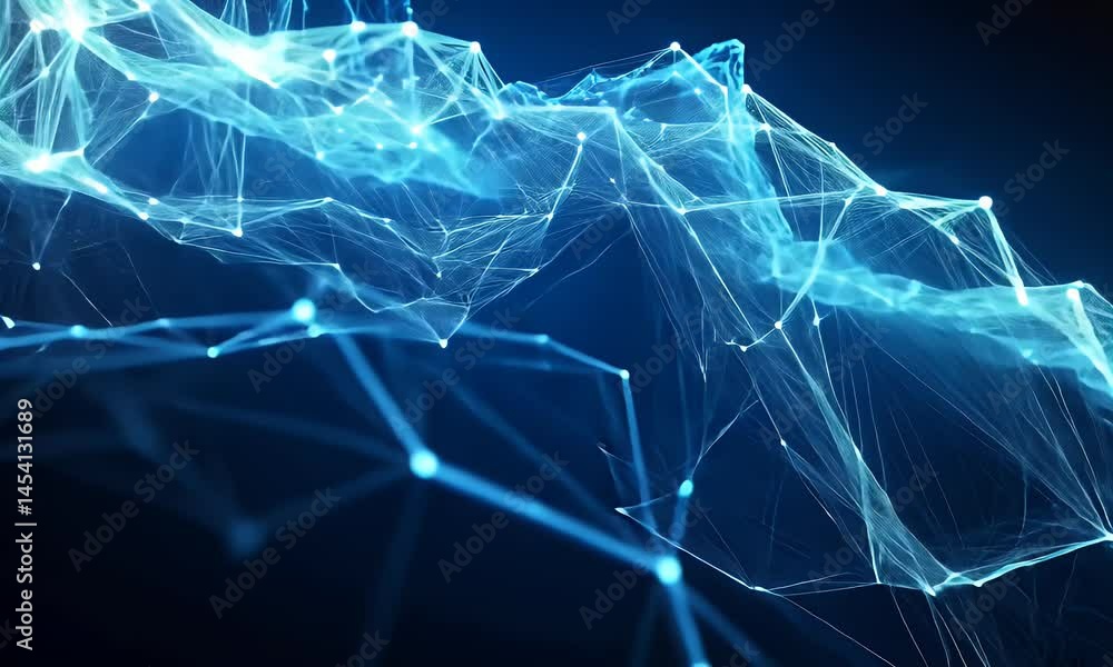 Poster abstract blue digital background with glowing connections and dots forming lines on the surface of a