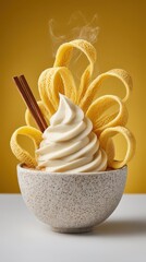 Creamy, swirled custard served in a speckled bowl, garnished with delicate, golden potato chips and cinnamon sticks against a warm yellow backdrop