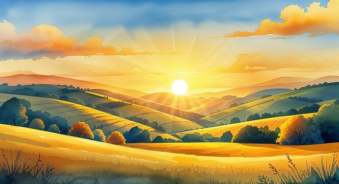 Golden hour sunlight on rolling hills warm yellows on watercolor