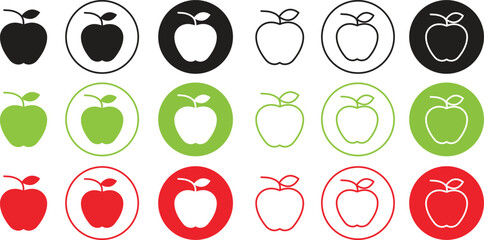Set of Colorful apples along with leaves icons. Healthy apple Icons in trendy flat and line styles . Fruit page symbols for your web sites designs.