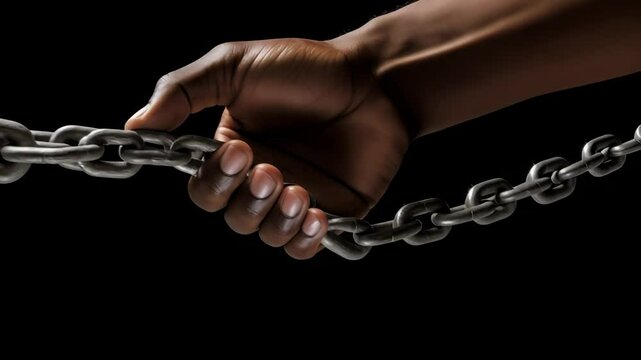 Strong hand gripping metal chain against black background, symbolizing struggle and freedom. Dramatic close-up highlighting human determination.