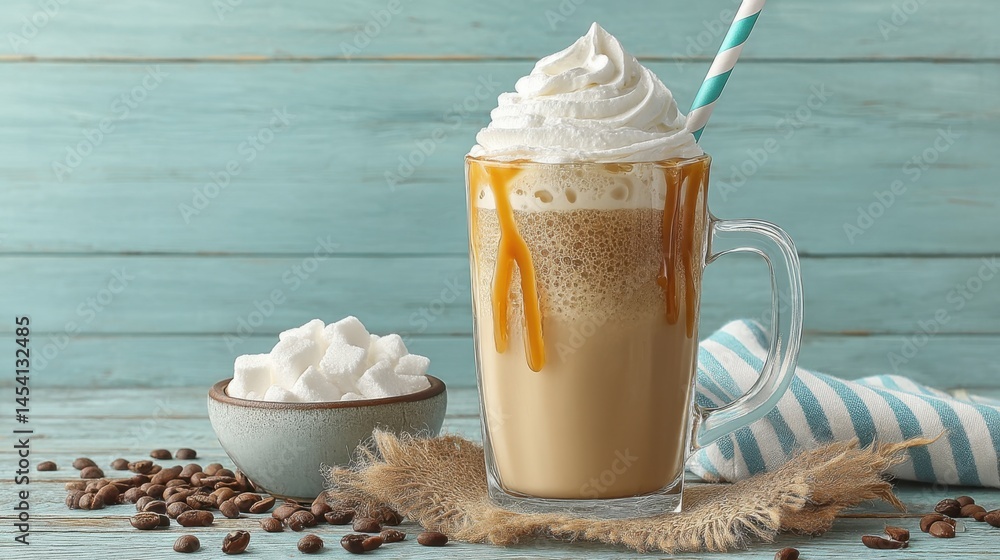 Poster delicious iced caramel latte with whipped cream and sugar cubes on a table.
