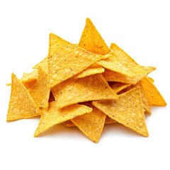 Pile of triangular tortilla chips, golden yellow color, seasoned with a light sprinkle of seasoning