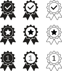Winning award, prize, medal or badge set. Badge with ribbons icon collection. Verified medal icon. Icon in line and flat style. Certified badge symbol, quality sign.