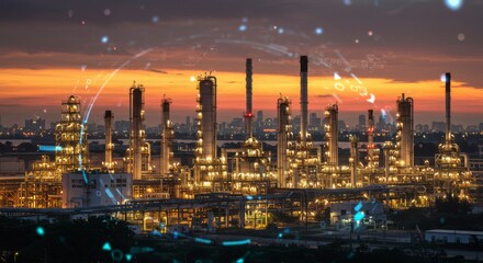 Fototapeta premium Night view of illuminated industrial complex
