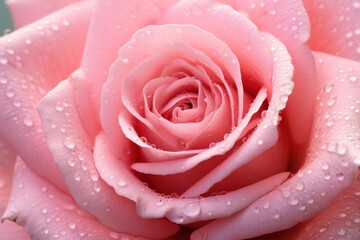 A close-up shot of a delicate pink rose with dewdrops glistening on the petals, showcasing the soft texture and vibrant color.
