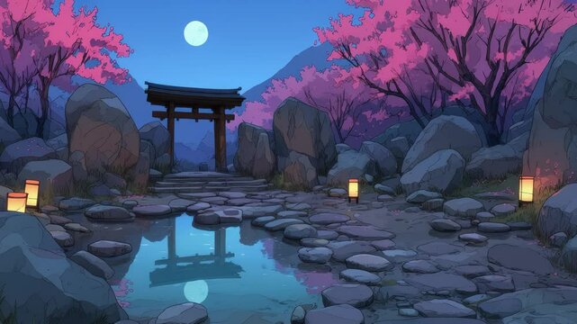 Moonlit Japanese garden with Torii gate reflection