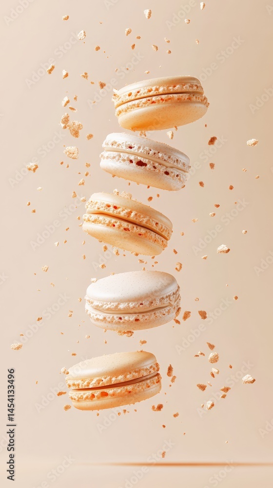Poster Five macarons and crumbs are levitating on a warm pastel background, creating a visually appealing scene that evokes feelings of sweetness and indulgence