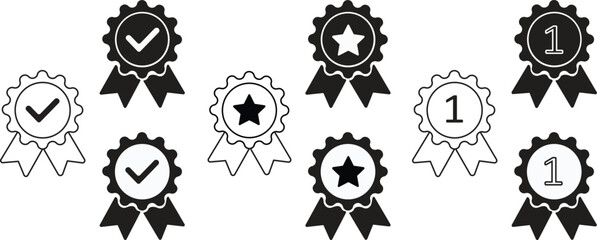 Winning award, prize, medal or badge set. Badge with ribbons icon collection. Verified medal icon. Icon in line and flat style. Certified badge symbol, quality sign.
