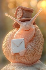 Snail postman carrying a letter.  A snail wearing a hat holds a letter.  Cute and whimsical