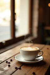 Obraz premium Aromatic Steaming Coffee in a White Mug on Wooden Table near Window