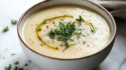 Steaming bowl of creamy soup with herbs and olive oil drizzle