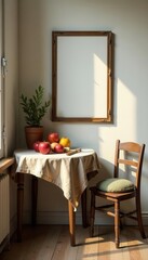 Cozy vintage kitchen, small table with apples, bread, vegetables & mock-up frame , cozy, frame