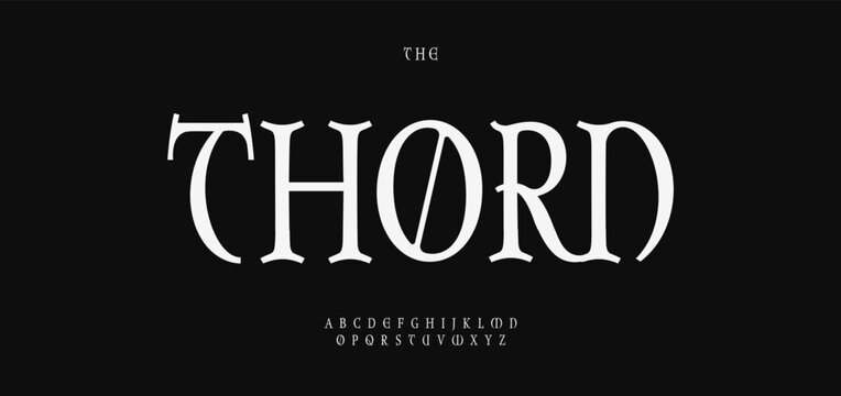 Gothic serif alphabet, mystical sharp letters, dark fantasy font for arcane branding, moody headline, medieval typography, enchanted typographic design. Vector typeset.