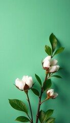 Obraz premium Delicate eucalyptus & cotton blossoms, minimalist green backdrop, product, botanical