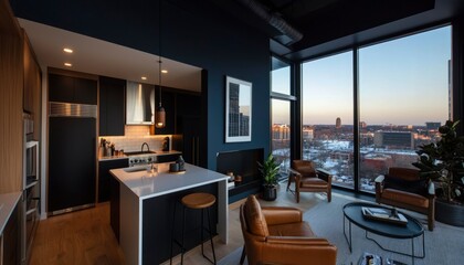 Modern apartment with a kitchen island and living area overlooking a cityscape