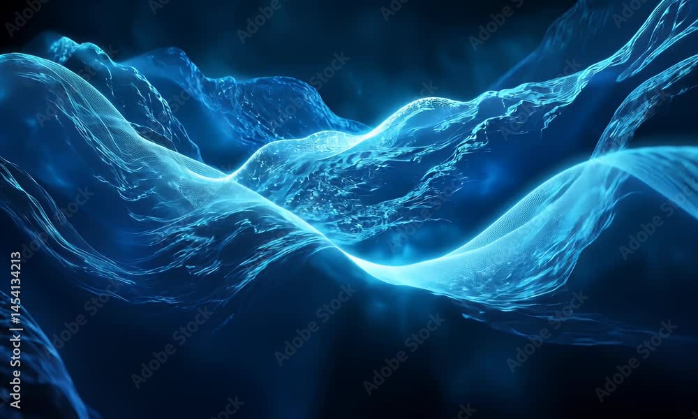 Poster abstract blue digital background with glowing connections and dots forming lines on the surface of a