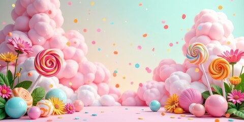 A whimsical dreamscape of pastel clouds, vibrant lollipops, and cheerful flowers, perfect for a joyful celebration