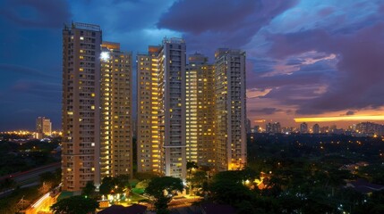 Obraz premium Residential high-rise building lit up at night