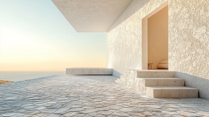 A sleek, contemporary structure features clean lines and bright walls. Steps lead to a terrace with stunning views of the ocean as the sun rises, casting a warm glow
