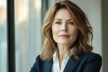 Confident middle-aged woman in a business suit, posing near a window.
