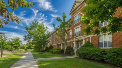 Obraz premium Brick residential building exterior on a sunny day