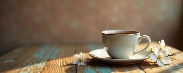 Rustic table, coffee mug, delicate white blooms Peachy monochrome setting , still life, table, floral
