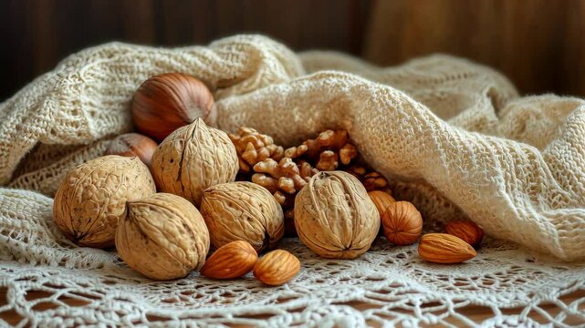 Explore a rustic scene with a variety of nuts scattered on a delicate lace tablecloth, perfect for food, kitchen, or rustic-themed designs.