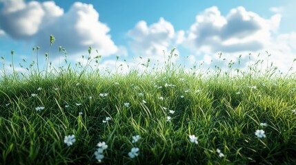Obraz premium Green field with white wildflowers under a blue sky with fluffy clouds